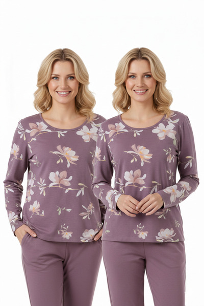 ASN concept Lila Çiçek Desenli Tshirt 2'li Paket