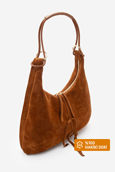 Marjin Kadın Hakiki Deri Fermuarlı İç Cepli Omuz Çantası Ronagi Taba Süet