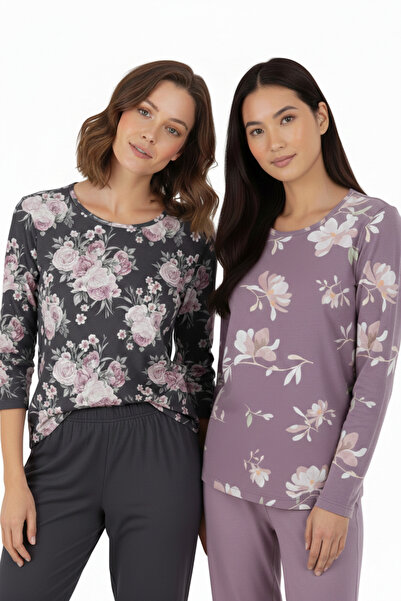 ASN concept Kadın Çiçek Desenli Pijama Üstü 2li Paket (Büyük Beden Seceneğiyle)