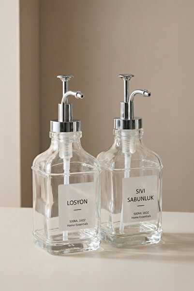 Digithome 2’li Cam Sıvı Sabun Ve Losyon Etiketli Gümüş Tıpalı Deterjan Şişesi...