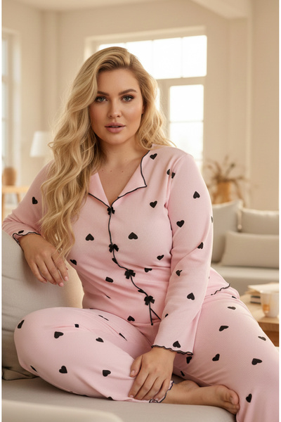 Siyah İnci Pink Patterned Large Size Battal Cotton Bow Tie Rib Knitted Pajama...