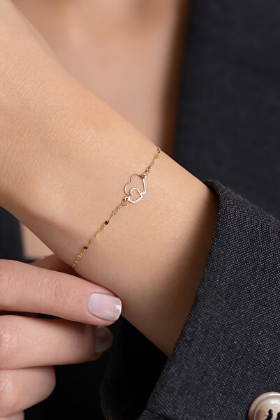 Bayar Gold 14 Ayar Altın İç İçe Kalp Aynalı Zincir Bileklik