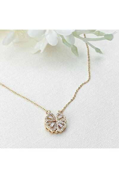 Kyver Yonca Kalp Kolye Mıknatıslı Açılan Kolye Zirkon Taşlı Çelik Gold 40+5cm
