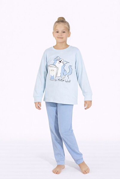 RAPAPA Σετ πιτζάμες με μακρυμάνικο κοριτσάκι - χαριτωμένο σχέδιο γάτας 8411 μπλε