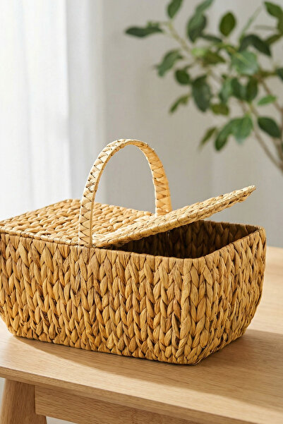 Digithome Hasır Bambu Kapaklı Piknik Sepeti Dikdörtgen Piknik Çantası Kahvere...