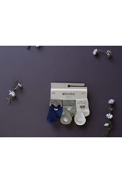 Ekinoks Bear Patterned Triple Baby Socks Navy Blue