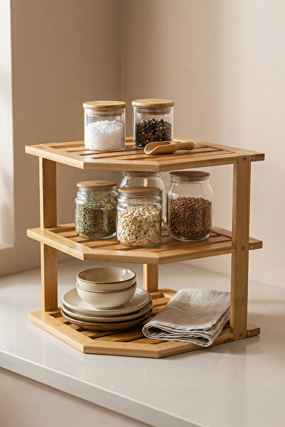 Digithome Bambu 3 Katlı Köşe Rafı Organizer Mutfak Düzenleyici Kahverengi - C...