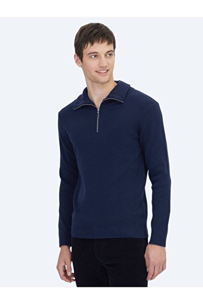 Kip Pulover tricot jacquard cu guler polo bleumarin