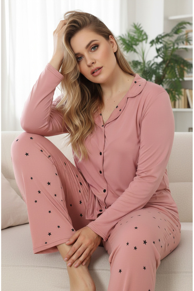 Siyah İnci pudra Desenli Büyük Beden Battal Boy Gömlek Yaka Düğmeli Milan Örm...