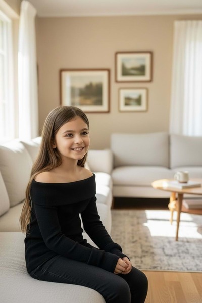 RYZE ÇOCUK تيشيرت مادونا للفتيات بأكمام طويلة وياقة مطوية باللون الأسود