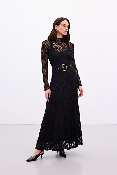 Sateen Lace Long Skirt - Black