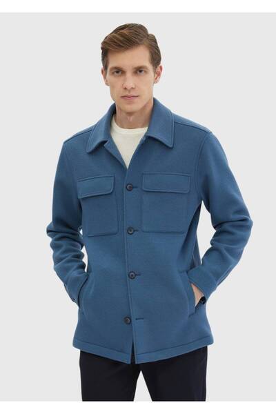 Ramsey Koyu Mavi Düz Casual Fit Dokuma Yün Karışımlı Overshırt