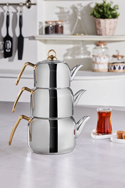 Karaca Σετ τσαγιέρα 3 τεμαχίων Golden Tres με επαγωγική βάση από χρυσό ανοξεί...