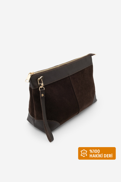 Marjin Women's Genuine Leather Clutch Portfolio Handbag Endoz Brown Suede