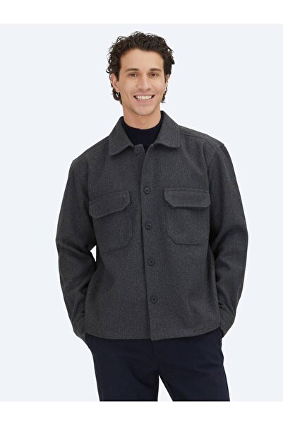 Kip Anthracite Plain Regular Fit Woven Overshirt