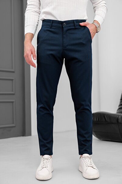 MODAMESTO Pantaloni pentru bărbați slim fit bleumarin material elastic din in