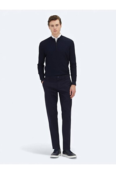 Kip Navy Blue Plain Woven Regular Fit Casual Cotton Blended Trousers