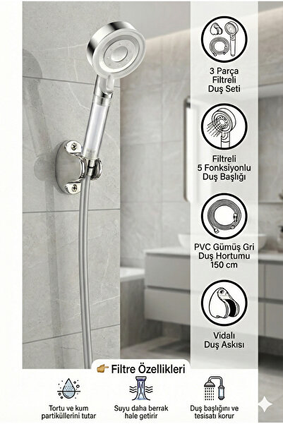 Plodna House Filtreli Beyaz Çelik 5 Fonksiyonlu Duş Başlığı Seti – 150 cm Pvc...