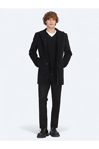 Kip Siyah Regular Fit Dik Yaka Klasik Dokuma Palto