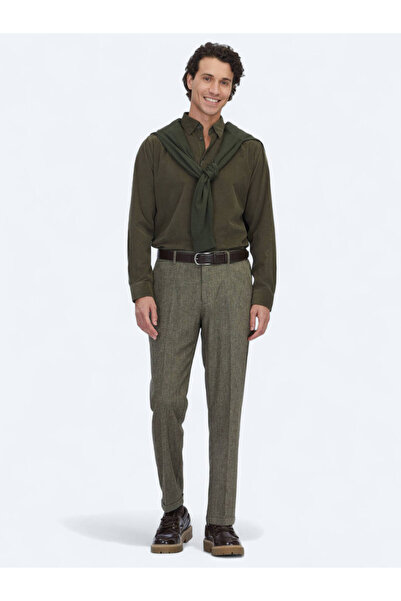Kip Khaki Woven Jogging Fit Casual Wool Blend Trousers