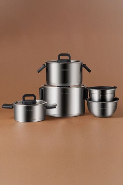 Karaca طقم أواني طهي من الفولاذ المقاوم للصدأ مكون من 10 قطع قابلة للطي مع مق...