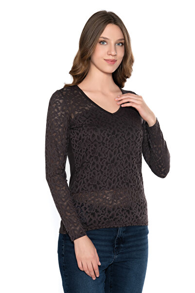 Belinay 8532 Dantelli V Yaka Uzun Kollu Kadın Body