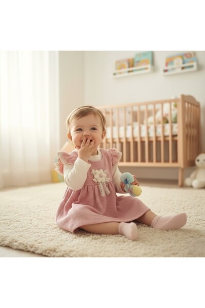 BUUFUU فستان بناتي بأكمام طويلة مزدوجة مزين بالزهور مع تفاصيل كشكشة على الأكم...