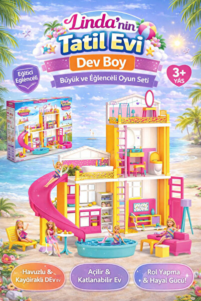 DEDE Linda’nın Tatil Evi – Büyük Boy Tatil Temalı Oyuncak Ev, Renkli Mobilyal...