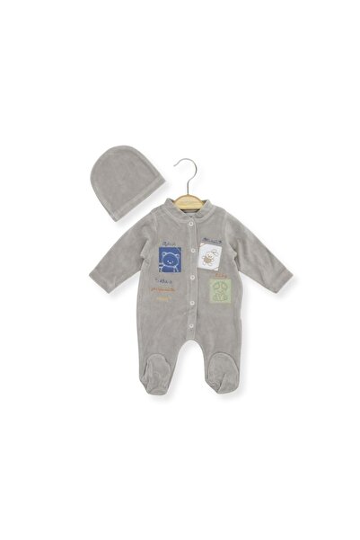 atabay Kare Embroidered Velvet Hat and Paticheed Jumpsuit Gray