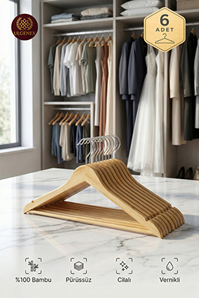 Ulgenex 6 Adet Doğal Bambu Premium Kıyafet Askısı - Vernikli ve Cilalı Ahşap ...