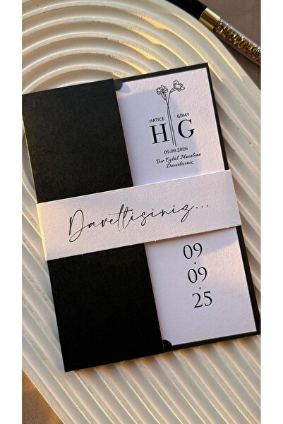 emindijital Siyah Zarflı Kuşaklı Nişan, Nikah, Kına, Düğün Davetiyesi 50 Adet