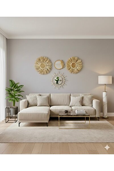 kattuna Wall Decoration Art Rafya Ve Bambu Ayna Duvar Dekorasyon Ürünü 4’lü Set