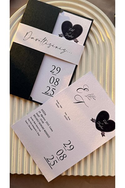 emindijital Siyah Zarflı Kuşaklı Nişan, Nikah, Kına, Düğün Davetiyesi 50 Adet