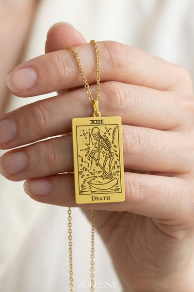 Kadın 925 Gümüş Tarot Kolye Ölüm - Death Tarot Tasarımlı Altın Kaplama Şık Gothic Aksesuar Hediyesi