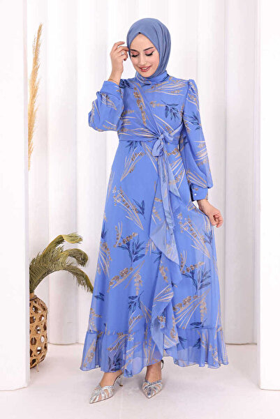 Bym Fashion Μοτίβο φύλλου Φόρεμα σιφόν λεπτομέρειας βολάν 3842 μπλε