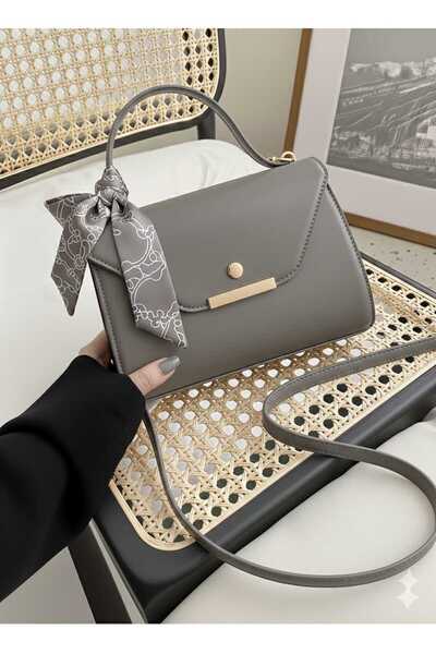 METEBAGS Gri Suni Deri Fular Detaylı Çapraz Askılı Omuz& El Çantası