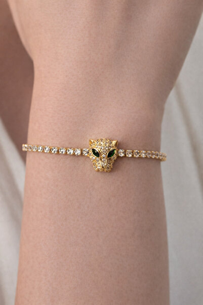 divakse سوار فولاذي برأس أسد مرصع بحجر الزركون الأخضر والذهبي