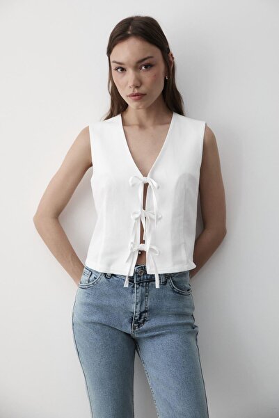 JASTE Kadın Bağlamalı Keten Yelek BEYAZ