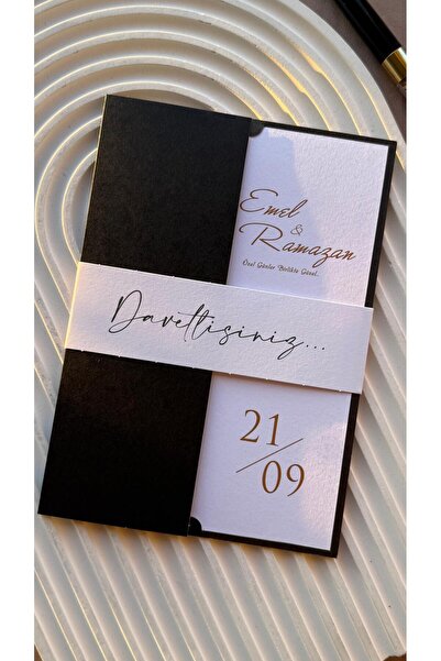 emindijital Siyah Zarflı Kuşaklı Nişan, Nikah, Kına, Düğün Davetiyesi 50 Adet