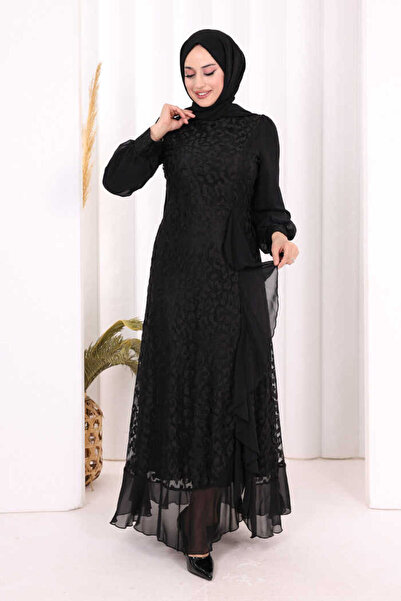 Bym Fashion Dantel Görünümlü Şifon Fırfır Detay Elbise 3783 Siyah
