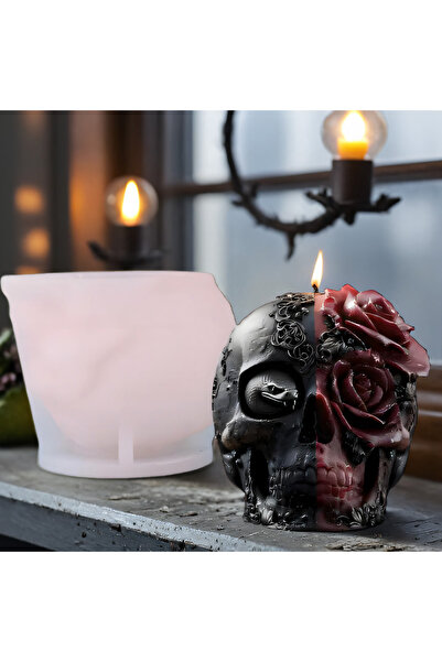 Choice قالب شمعة على شكل جمجمة وردة للهالوين، شمعة ثلاثية الأبعاد على شكل جمج...