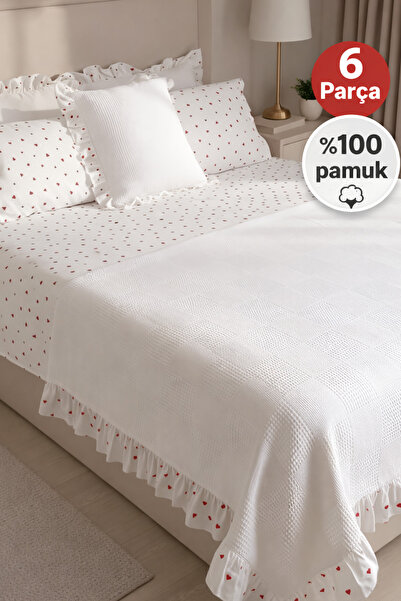 GÖRMEZ TEKSTİL 100% Cotton Ruffled Pique Bedspread Set with Double Elastic Sh...