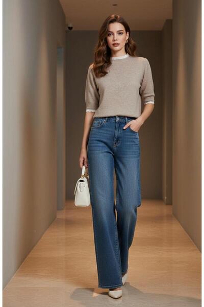 Maysev Bisiklet Yaka Şardonlu Yıkamalı Dantel Detaylı Yumoş Soft Tuşe Trend K...