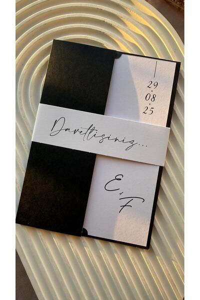 emindijital Siyah Zarflı Kuşaklı Nişan, Nikah, Kına, Düğün Davetiyesi 50 Adet