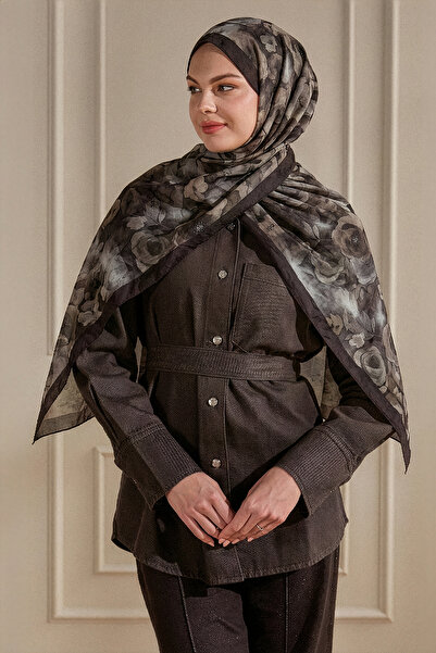 SilkTouch Acı Kahve Suluboya Gül Desenli Kraş Şal
