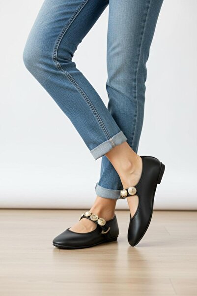 yezy shoes Balerini de damă ajustabili, cu detaliu cataramă, negri