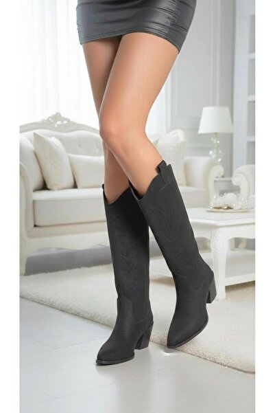 37Numara BÜYÜK NUMARA KADIN KOVBOY ÇİZME 41-42-43-44 SİYAH SÜET