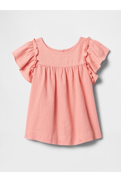 GAP Kız Bebek Pembe Keten Karışımlı Fırfır Kol Bluz