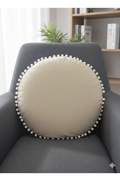 BUTİKKA Kırlent Kılıfı 1 Adet Yuvarlak Ponponlu Model 40cm Kadife kumaş