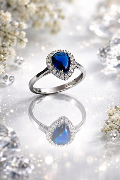 Siset Gümüş 925 Ayar Damla Safir Taşlı Kadın Gümüş Yüzük